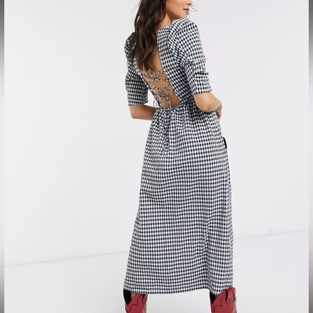 Topshop Puff Sleeve Midi Dress in Navy Gingham - Size 6